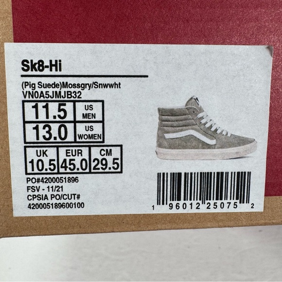 Vans Sk8-Hi Pig Suede Moss Gray Snow White High Top Sneakers Men 11.5 Women 13 - Picture 12 of 12